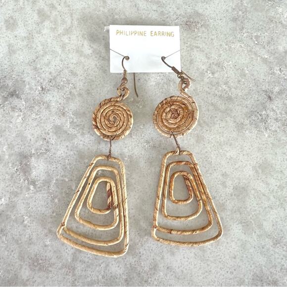 Vintage 80s boho rattan dangle earrings NOS - Picture 1 of 3